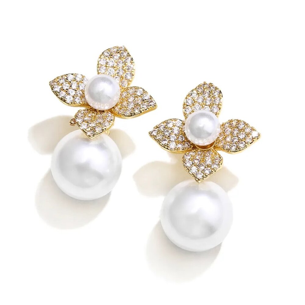 Petals of Grace Earrings Elegant Gold Pearl Wedding Formal Drop Fashion Jewelry